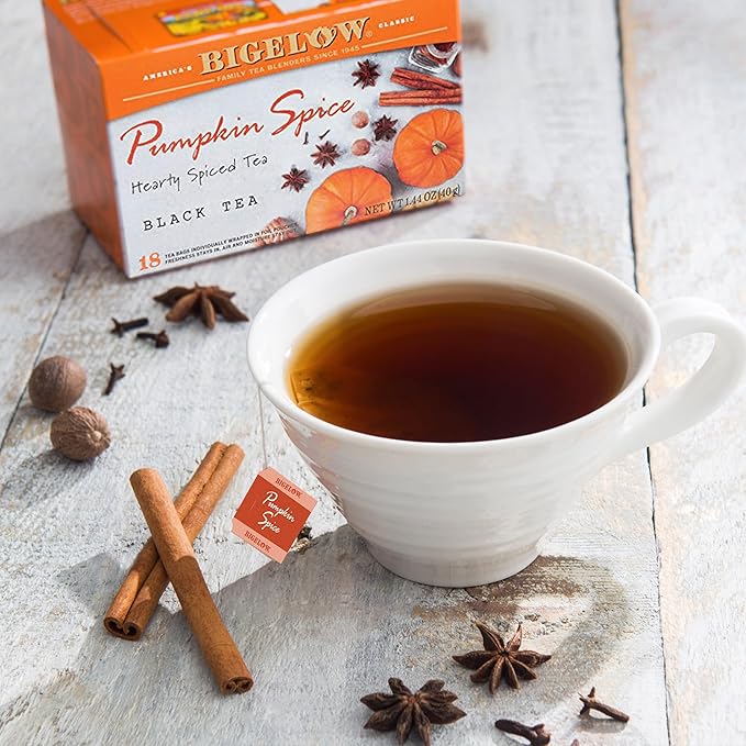 Bigelow Tea Pumpkin Spice Black Tea Caffeinated Tea with Pumpkin Pie Flavor Holiday and Christmas Tea 18 Count Box (Pack of 6) 108 Tea Bags Total