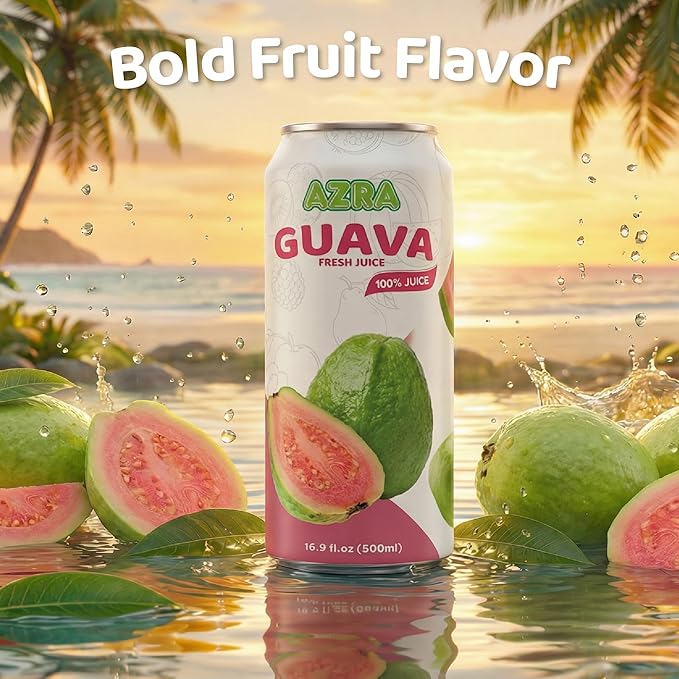 AZRA 100% Guava Juice – 500ml Cans Exotic Fruit Juice Beverages – Zero Sugar Drinks Healthy Guava Drink for Kids and Adults – Bulk 100% Juice Pack 12 Count