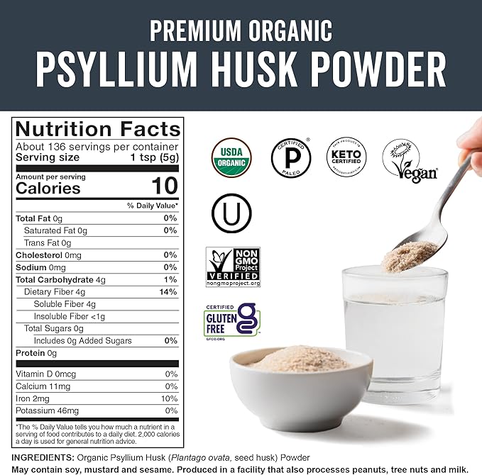 Viva Naturals Organic Psyllium Husk Powder 24 oz – Finely Ground Unflavored Vegan Keto Paleo Non-GMO Plant-Based Superfood Good Source of Fiber for Gluten-Free Baking Juices &amp Smoothies