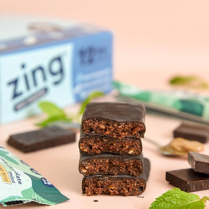 Zing Dark Chocolate Mint Vegan Protein Bars Gluten Free with High Protein High Fiber Dairy Free Nutrition Bars Plant Based Protein Kosher Low Sugar No Sugar Alcohols - 12 count