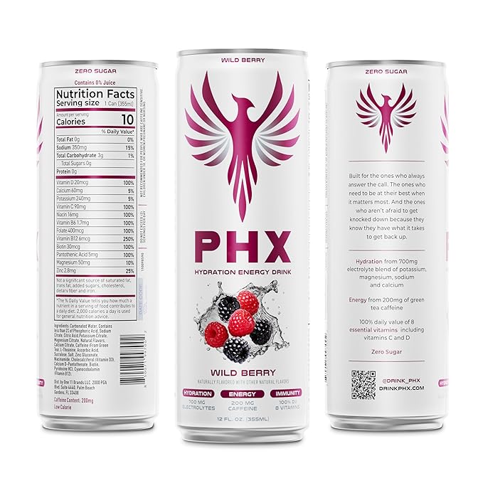 PHX Hydration Energy Drink - 700mg Electrolytes 200mg Natural Green Tea Caffeine 100% Daily Value 8 Essential Vitamins - 12 oz Cans (12 Pack) (12 Pack Wild Berry)