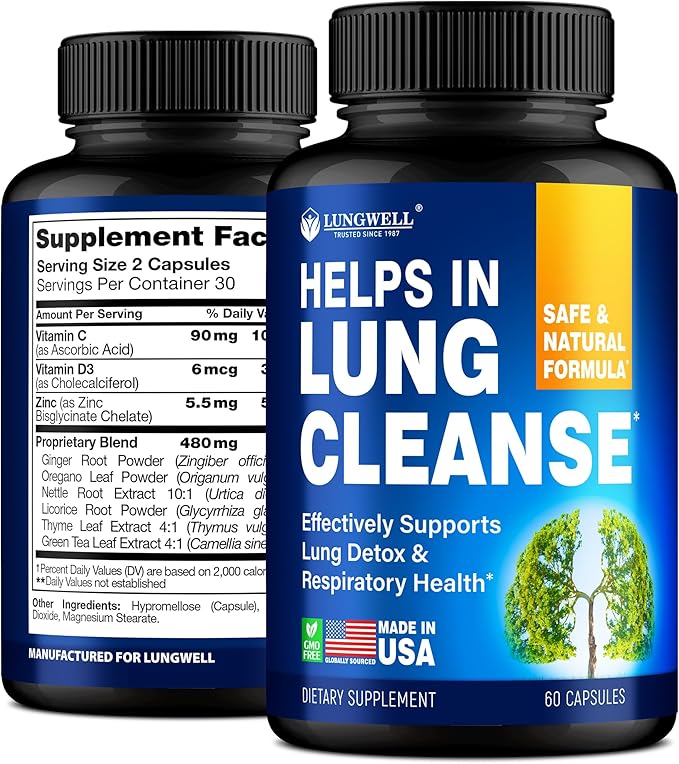 Quit Smoking Aid for Lung Cleanse &amp Support - Lung Detox for Smokers - Herbs for Respiratory Health: Licorice Ginger &amp Nettle Root Thyme - Clear Lungs Supplement with Vitamins C D3-60 Capsu
