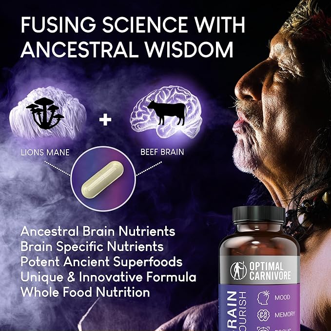 Optimal Carnivore Lions Mane Mushroom Supplement &amp Beef Brain Powerful Nootropics Brain Support Supplement Brain Supplements for Memory and Focus 180 Capsules