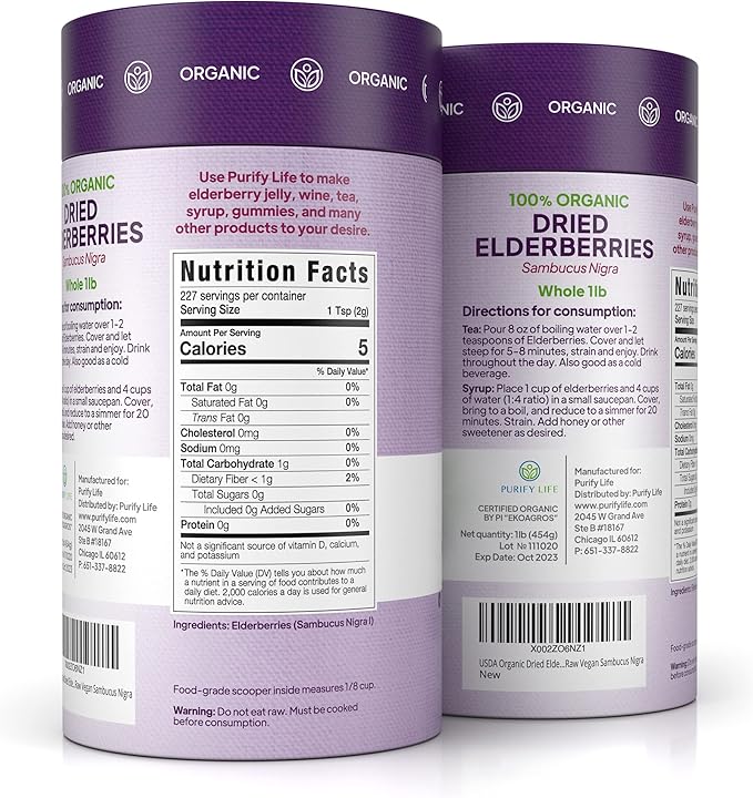 USDA Organic Dried Elderberries 1lb Bulk (Safest Packaging Resealable Bag BPA-Free Scoop) Natural non-irradiated Raw Whole Black Elderberry Immune Support Make Sambucus Elderberry Syrup 1 Pound