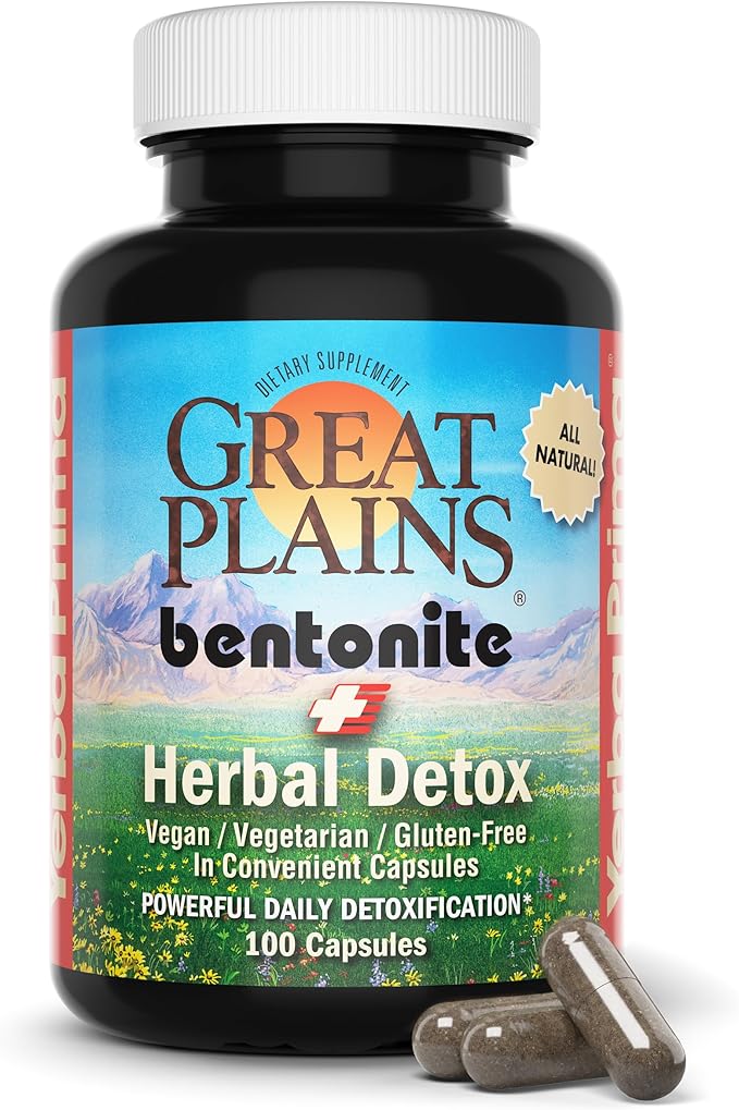 Yerba Prima Bentonite Clay Plus Herbal Detox 100 Veg Capsules - Food Grade Clay from The Great Plains USA - Colon &amp Liver Cleanse Supplement with Calcium Clay