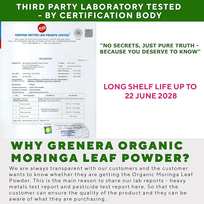Grenera Organic Moringa Powder - 2.2 lbs (35.2 oz) | Moringa Oleifera Leaf Powder Lab Tested for Purity | Moringa Powder Organic Perfect for Smoothies Drinks Tea &amp Recipes | 100% Raw from India