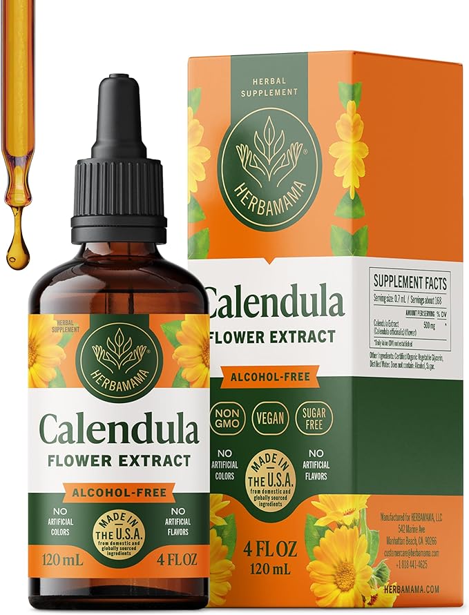 HERBAMAMA Calendula Tincture - Vegan Antioxidant &amp Detox Support with Calendula Herb Extract Drops - Non-GMO Alcohol &amp Sugar-Free Liquid Supplement 84-Day Supply