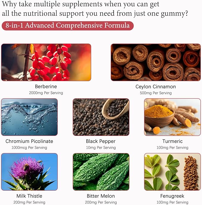 2000mg Berberine Gummies Supplement Berberine HCl with Ceylon Cinnamon Chromium Organic Milk Thistle for Women &amp Men Metabolism Support AMPK Metabolic Activator Sugar Free Vegan 60 Day Sup