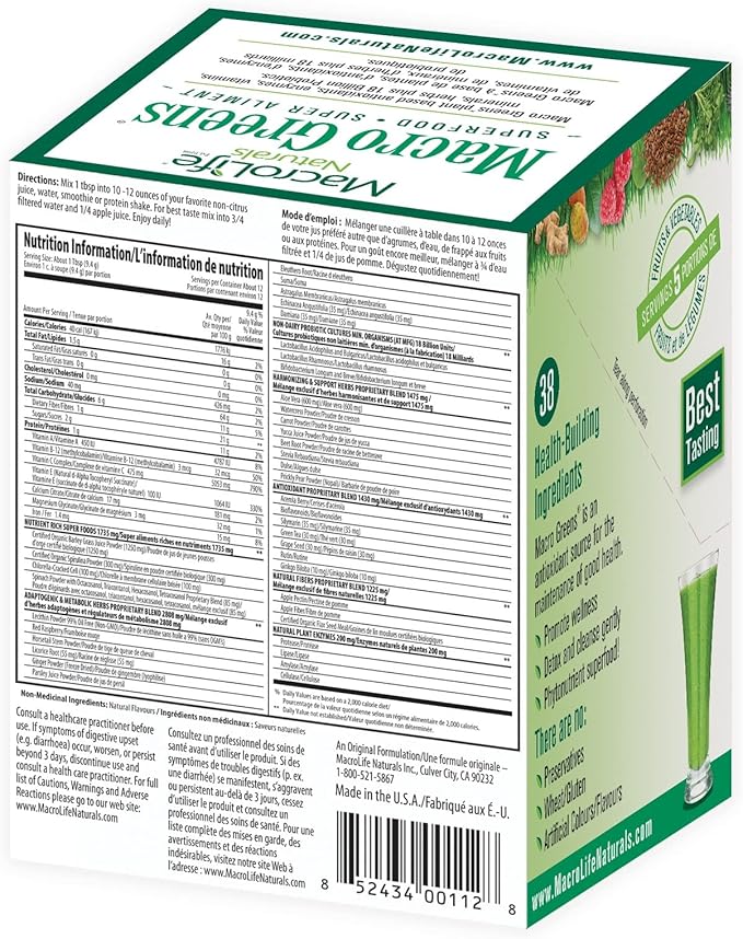 MacroLife Macro Greens Powder 38 Superfood Probiotics Antioxidants Digestive Enzymes &amp Adaptogen Supplement - Daily Super Green Juice &amp Smoothie Mix Packets - Non-GMO Vegan Gluten-Free - 12 Se