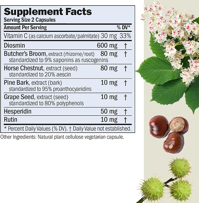ANDREW LESSMAN Circulation Vein Support for Healthy Legs 180 Capsules - High Bioactivity Diosmin Butcher's Broom Visibly Reduces Swelling and Discomfort in Feet Ankles Calves Legs