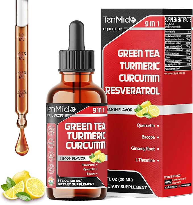 Green Tea Extract Liquid Drops - 9in1 with Turmeric Curcumin Resveratrol Quercetin Bacopa Panax Ginseng L-Theanine Pomegranate and Black Pepper - 30ml 1 Fl Oz