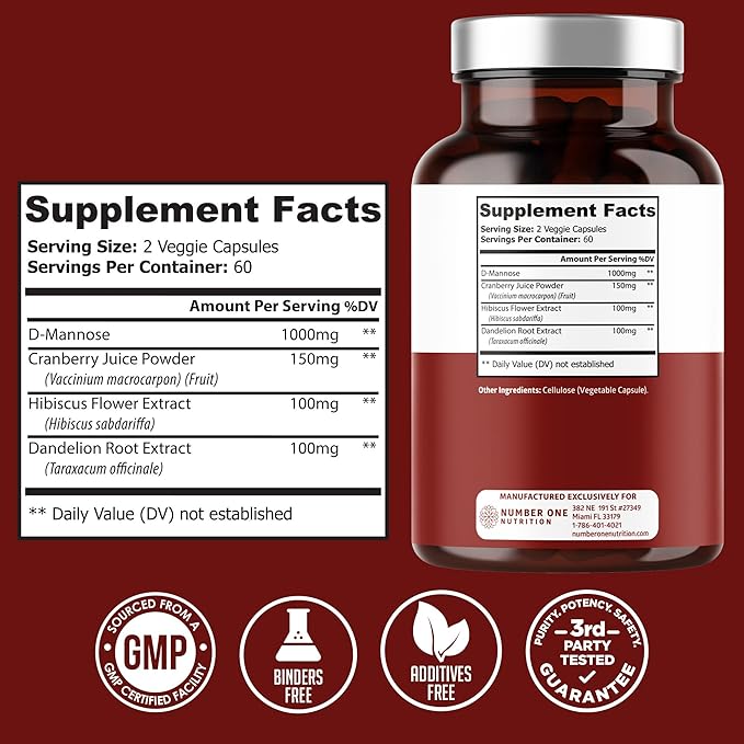 Number One Nutrition Premium D Mannose with Cranberry and Hibiscus [Max Strength 1350mg] (120 Count (Pack of 2))