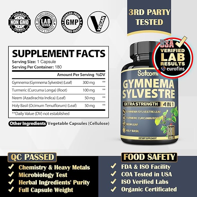 Satoomi Pure Gymnema Sylvestre Capsules Extract - 180 Capsules of 6 Month - Blended with Neem Leaf Holy Basil &amp Turmeric Curcumin Root