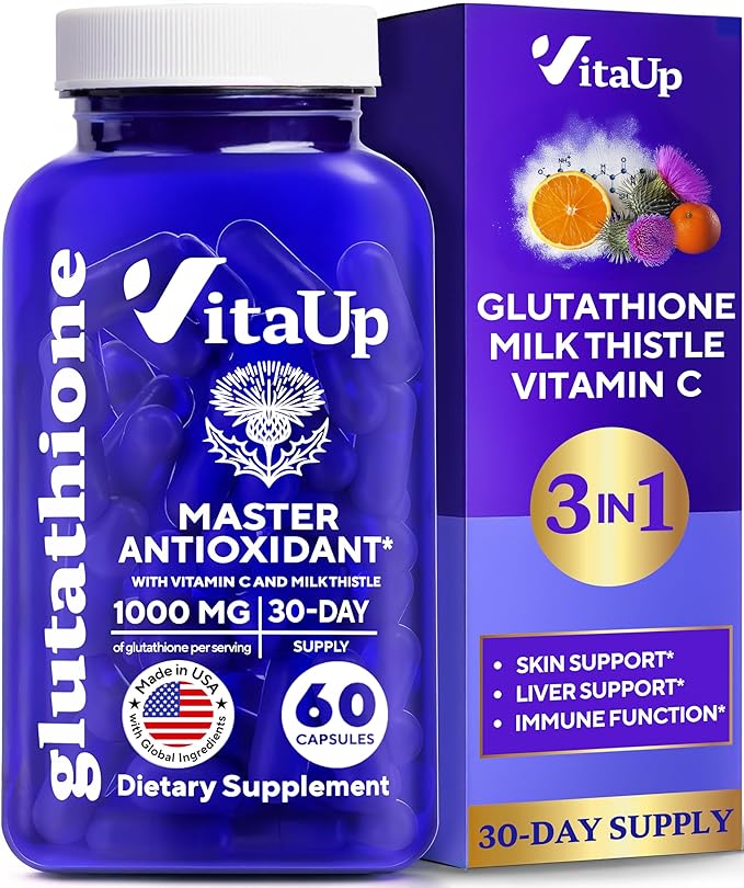 Reduced Glutathione Supplement 1000mg - USA Made Glutathione Capsules with Vitamin C &amp Milk Thistle for Liver Care Skin Support &amp Immune Well-Being - 60 Count