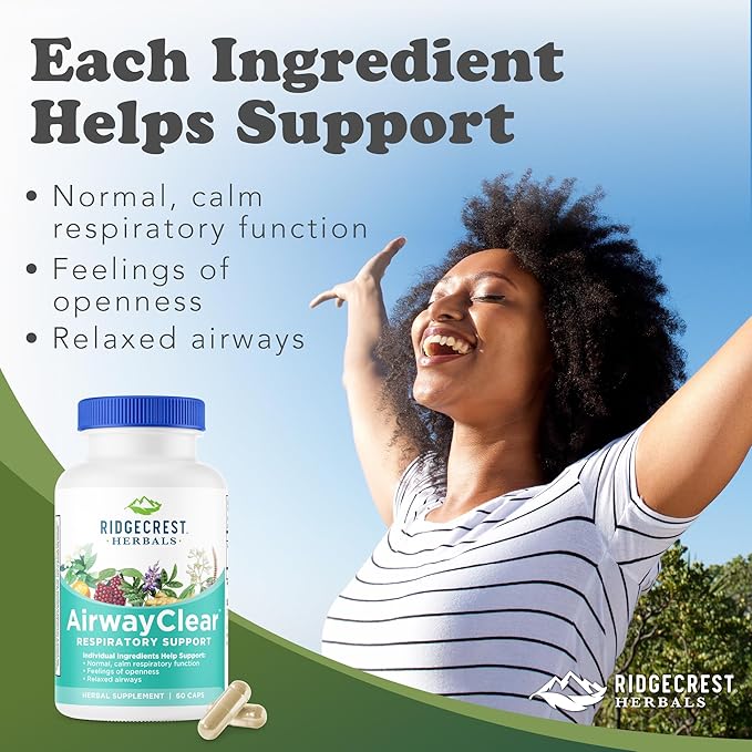 Ridgecrest Herbals AirwayClear Lung Health and Breathing Support Supplements with Schisandra Fruit Cassia Bark and Ginger Root Sinus Mucus Support Gluten Free (60 Vegan Caps 30 Serv)