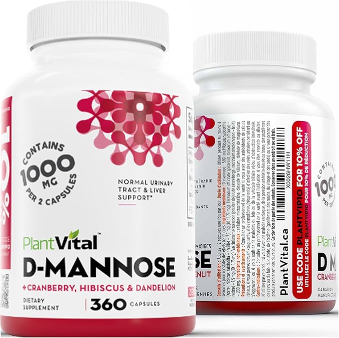 Plantvital D Mannose Capsules with Cranberry - D-mannose 1000mg Capsules - High Potency for Bladder Kidney and Urinary Tract Support. Cranberry Powder with Hibiscus and Dandelion. 6 Months Supply