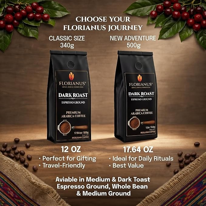 FLORIANUS Peruvian Coffee – Premium 100% Arabica Whole Bean &amp Ground – Medium &amp Dark Roast – 17.64 oz (500g) (Dark Roast Espresso)