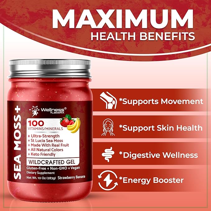 Irish Sea Moss Gel Raw - Wildcrafted Superfood Seamoss Gel - Strawberry Banana Flavor Vitamin and Mineral-Rich from Pristine Caribbean Waters Immune and Digestive Health Support - 10 oz.