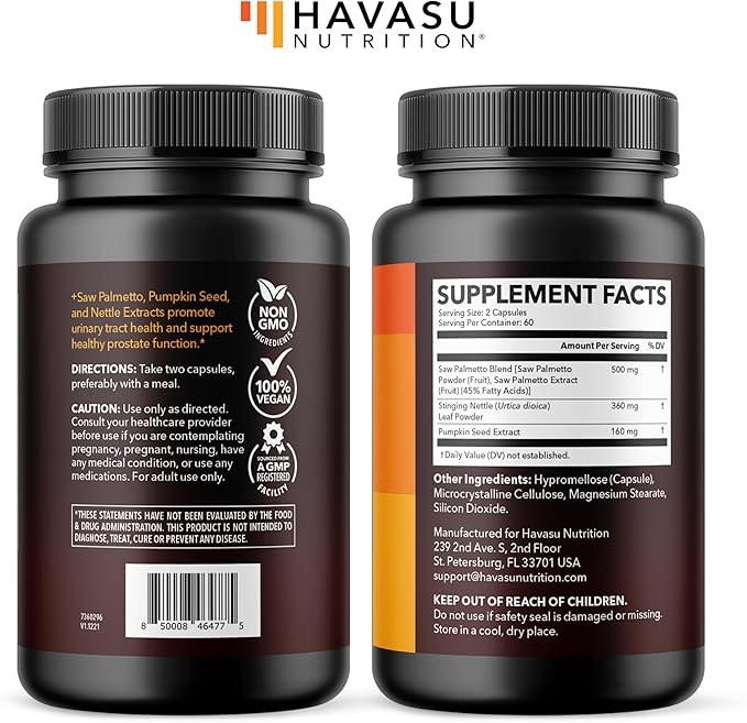 Saw Palmetto Supplement with Stinging Nettle and Pumpkin Seed Extract - Advanced 3X Formula - DHT Blocker Urinary Health and Prostate Support for Mens Health - Vegan Non-GMO Capsules - 2 Month Supply