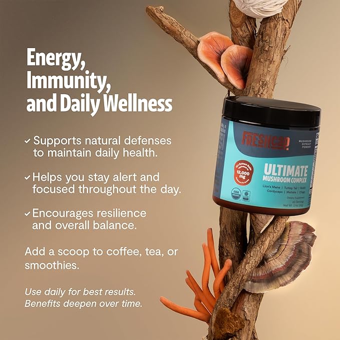 FreshCap Mushrooms Ultimate Mushroom Supplement Powder 12000mg - Nootropic Organic Mushroom Complex for Focus &amp Memory Brain Support Supplement Ayurveda Mushroom Powder Extract (60 Servings)