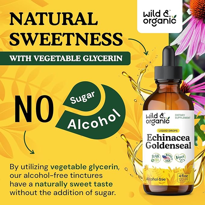 Wild &amp Organic Echinacea Goldenseal Tincture - Immune Support Drops with Echinacea and Goldenseal Root Extract - Vegan Sugar &amp Alcohol-Free Liquid Supplement - 4 fl oz