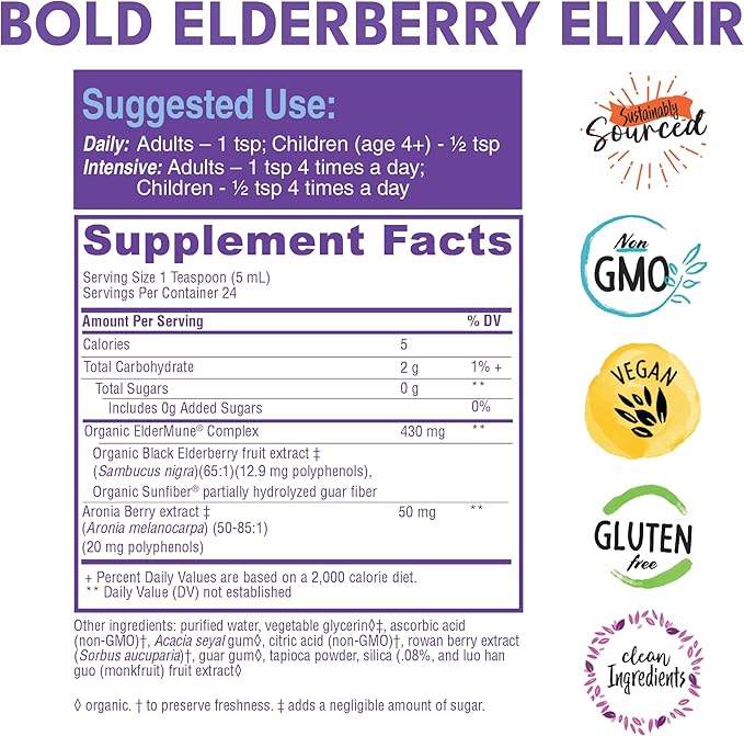 Bold Botanica Elderberry Elixir – 65X Concentrated Extract – Sugar-Free &amp Kid Friendly – Immune Support Elderberry Syrup for Kids &amp Adults with Aronia Berry &amp Monk Fruit – 4 fl oz