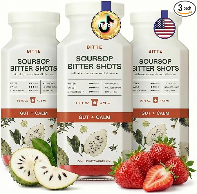 bitte Strawberry Soursop Digestive and Calm Shot 3 Pack - Ready to Drink Herbal Blend with Ginger and Chamomile - Vegan Zero Sugar and Gluten Free - 3 x 16 Fl Oz Bottles