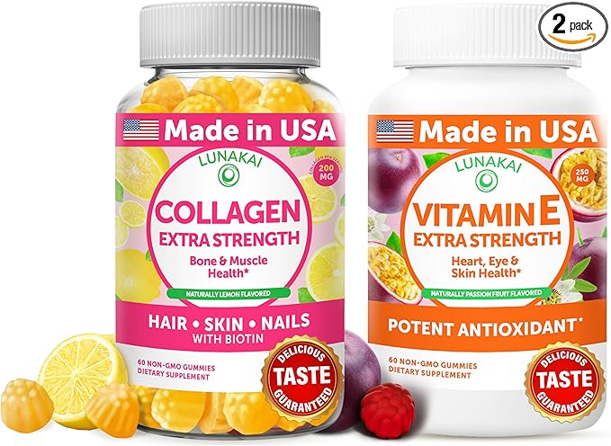 Lunakai Collagen and Vitamin E Gummies Bundle - Non-GMO Anti Aging Supplements for Men &amp Women - Natural Gummy with Vitamin C &amp 250 mg Natural VIT E