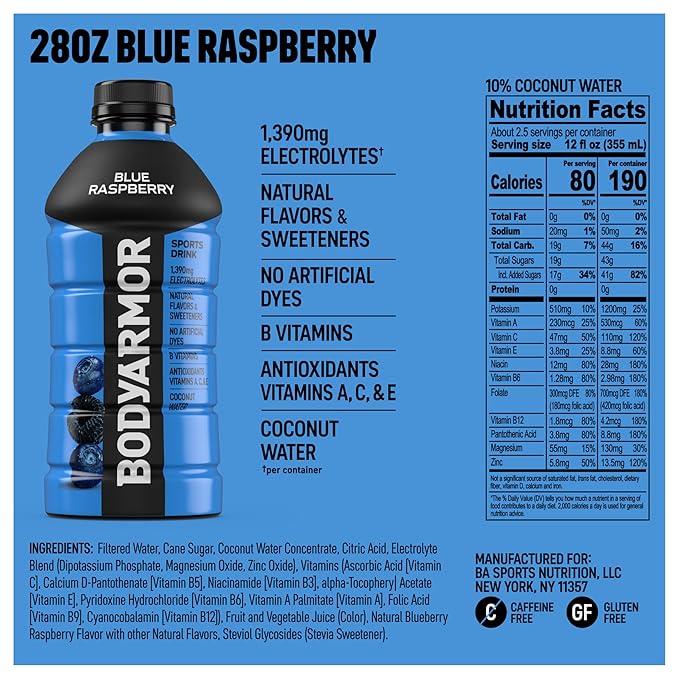 BODYARMOR Sports Drink Blue Raspberry Electrolyte Drink Hydration 28 Fl Oz Bottles (15 Pack) Flavored Coconut Water with B Vitamins &amp Antioxidants