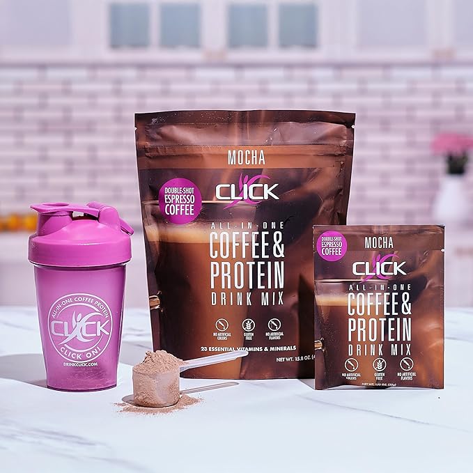 Click Coffee Protein Protein &amp Real Coffee All-in-One Meal Replacement Nutrition Drink Mocha Flavor 23 Essential Vitamins Double Shot Espresso Coffee Hot or Cold 15.8-Ounce
