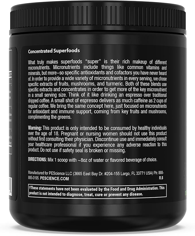 PEScience Greens Powder Superfood with Natural Chlorophyll Reishi &amp Turkey Tail Mushroom Powders Freeze-Dried Kale Spinach Broccoli Sprouts with Antioxidants - Original Flavor 30 Servings