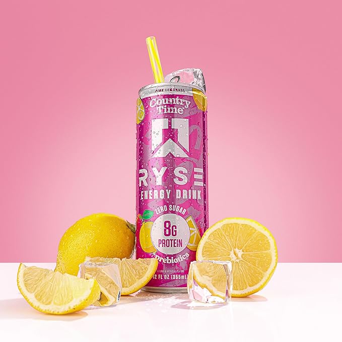 RYSE Functional Energy Drink - Country Time Pink Lemonade - 150mg Natural Caffeine 8g Whey Protein &amp 1g Prebiotics - Sugar Free Gut-Friendly Bloat-Free - 12 fl oz Cans (12-Pack)