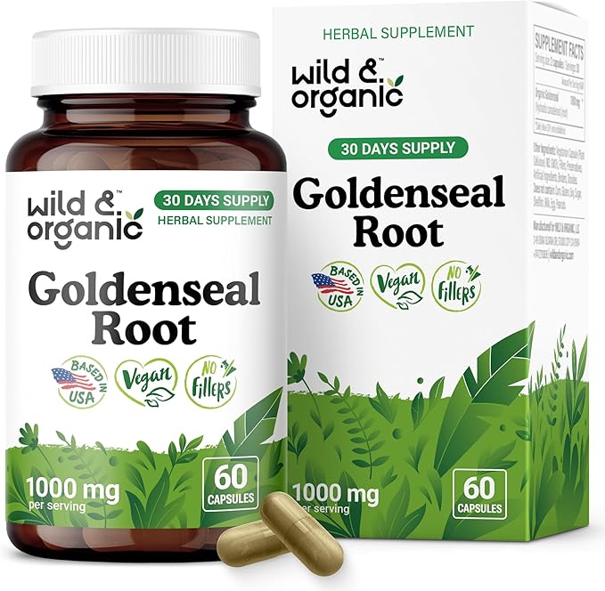 Wild &amp Organic Goldenseal Root Capsules 1000mg - Immune &amp Lung Support - 60 Goldenseal Root Powder Capsules - 30 Days Supply - Vegan No Fillers Non-GMO