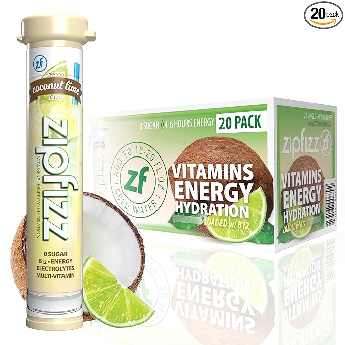 Zipfizz Daily Energy Drink Powder Coconut Lime 20 Pack | 3-in-1 Sustained Energy Rapid Hydration and Essential Vitamins | Sugar-Free | Electrolyte Powder | Contains Vitamin B-12 &amp Antioxidants