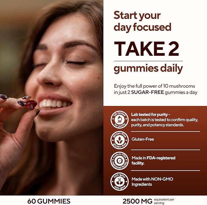 Mushroom Gummies for Adults - USA Made 10 in 1 Mushroom Supplement - Mushroom Complex with Lions Mane Cordyceps Turkey Tail Reishi Shiitake for Cognitive &amp Immune Support - 60 Count
