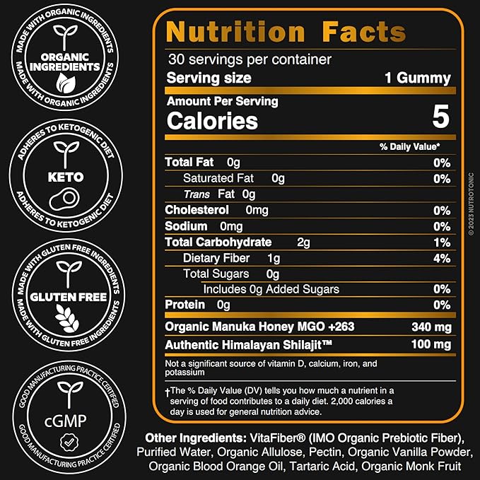 Organic SHILAJIT Gummies by NutroTonic | Cane Sugar Free Sweetened by Organic Manuka Honey | Clean Formula | Natural Fulvic &amp Humic Acid | Heart &amp Brain Cellular Health | 30 Healthy Gummies