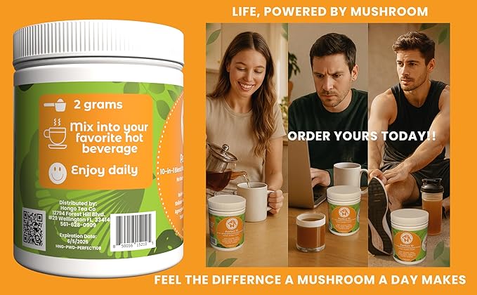 Hongo Mushroom Power - Perfect 10 Mushroom Complex Powder - Lions Mane Reishi Cordyceps Chaga Turkey Tail Maitake Supplements - for Immunity Energy Memory &amp Focus - (8 Ounce Jar)