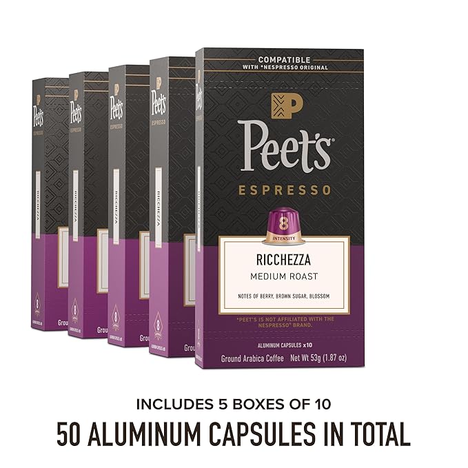 Peet's Coffee Medium Roast Espresso Capsules Compatible with Nespresso Original Machine 100% Arabica Coffee - Ricchezza Intensity 8 50 Count (5 Boxes of 10 Espresso Capsules)