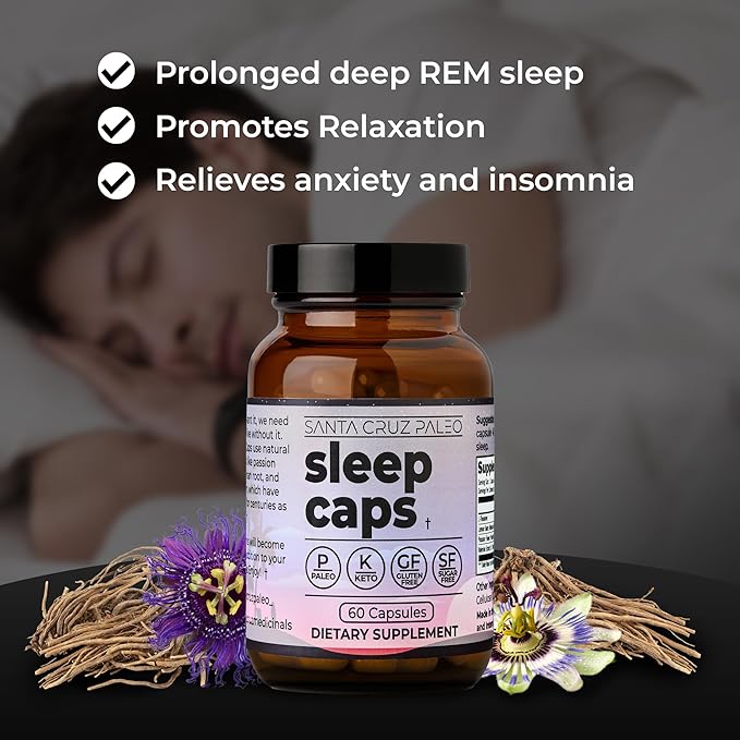 Santa Cruz Paleo Sleep Caps with L-Theanine Lemon Balm Passion Flower &amp Valerian Root Melatonin-Free Nighttime Relaxation Paleo &amp Keto Friendly Sugar &amp Gluten Free 60 Capsules