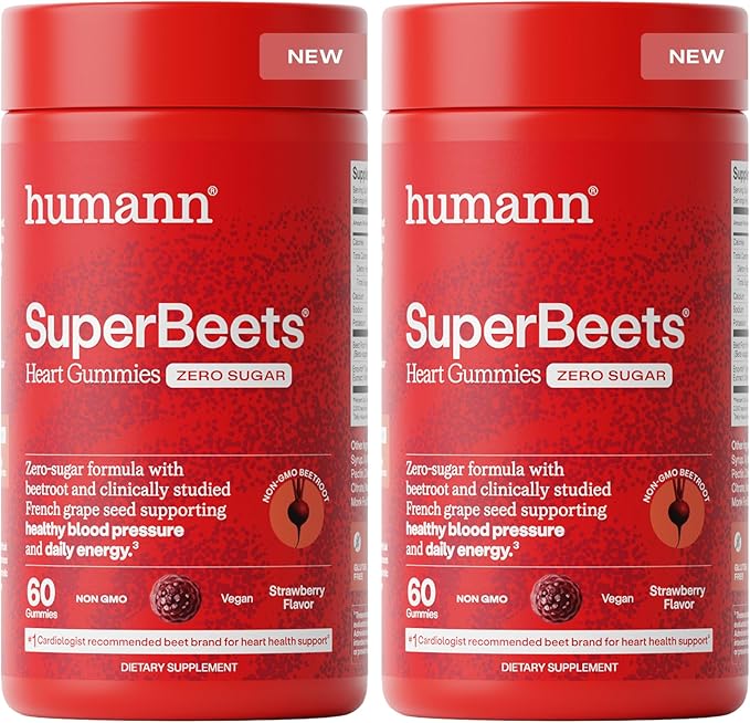 Humann SuperBeets Heart Gummies - Beet Gummy with Heart-Healthy Energy Support Grape Seed Extract &amp Beetroot Powder Zero Sugar - Strawberry Flavor 120 Count