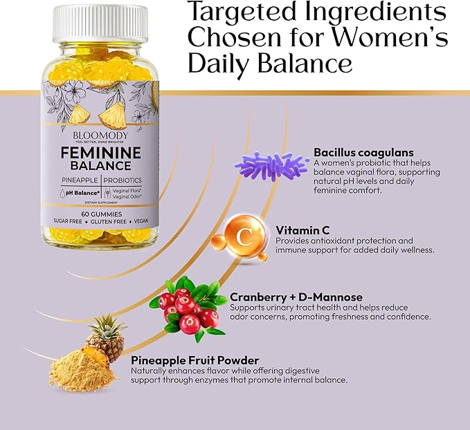 Probiotic Feminine Balance Gummies for Women - pH Balance &amp Vaginal Health Supplement with Cranberry Vitamin C - Natural Pineapple pH Balancing Gummy for Healthy Odor Hygiene Support