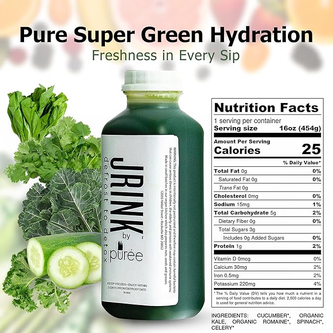 JRINK by Purée Super Green Juice Cold Pressed Organic Vegetable Blend Detox Drink Healthy Raw Greens Juice Cleanse No Preservatives Fresh Detox Cleanse 16oz HDPE Bottles Pack of 18