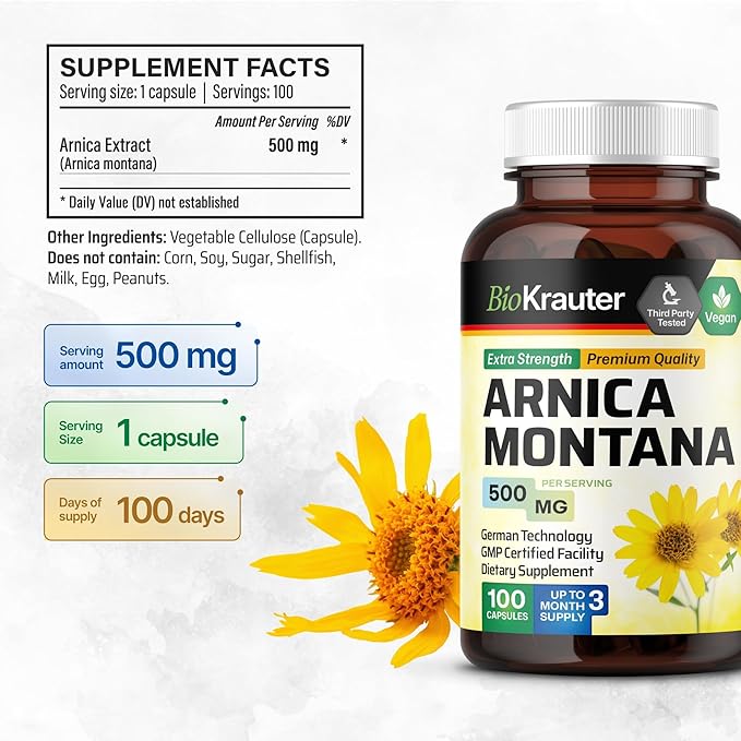 BIO KRAUTER® Arnica Montana for Bruising and Swelling - Vegan &amp Pure Arnica Supplement in Capsules 500 mg per Serving 100 Caps - Used for Daily Wellness - No Fillers Non-GMO - 100 Days of Supply