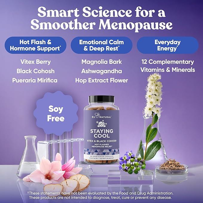 Staying Cool Menopause Supplements for Women – Hormonal Hot Flash Relief Weight Support &amp Night Sweats – Vitex Chaste Tree &amp Black Cohosh – 60 Vegetarian Soft Capsules