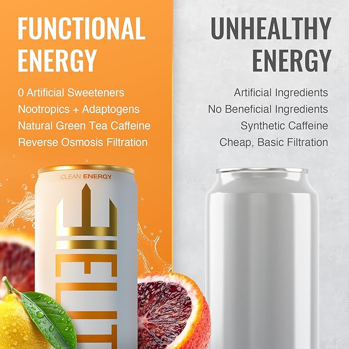 ELITE Energy – Healthy Energy Drinks – Clean Green Tea Caffeine with L-Theanine – Zero Sugar 10 Calories Naturally Sweetened Functional Energy for Focus &amp Performance – 12 Pack – Blood Orange Yu