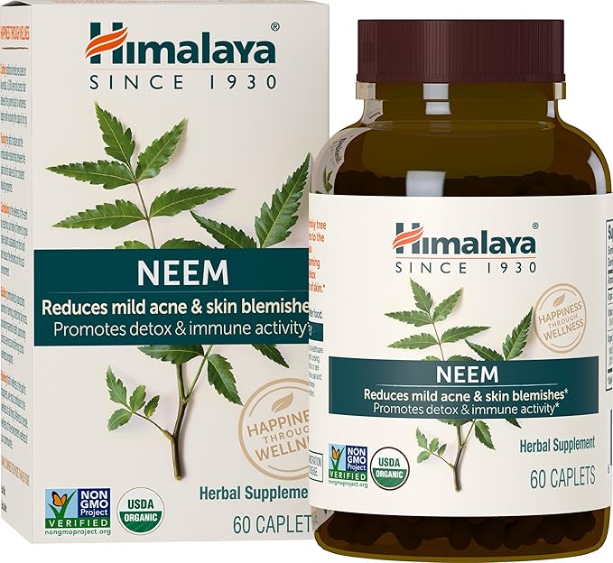 Himalaya Organic Neem 60 Day Supply - Herbal Acne Supplements Supporting Clear Skin and Detox - USDA Organic Vegan Non-GMO Gluten Free 600 mg 60 Caplets