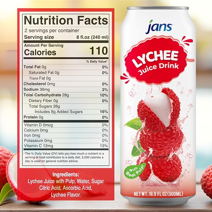 Lychee Juice Drink with Pulp 16.9 oz (Bulk Pack of 12) by Jans — Fat-Free Cholesterol-Free Refreshing Taste of the Tropics