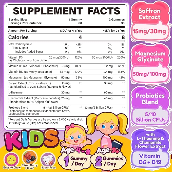 Happy Saffron Gummies for Kids Teen Organic Saffron + Magnesium Glycinate Supplement with Probiotics L-Theanine Chamomile D3 B6 B12 for Children's Focus &amp Mood Calm Sleep Sugar Free 120