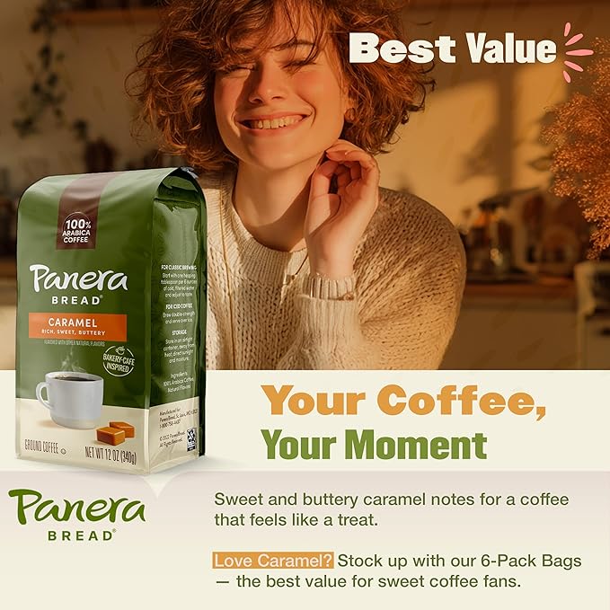Panera Caramel Light Roast Ground Coffee 100% Arabica Naturally Flavored Caramel Rich Buttery Taste Sustainably Sourced 12oz Bag Pack of 6 (72 oz Total)
