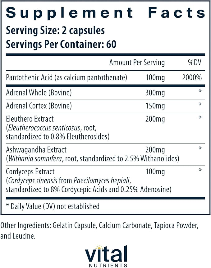Vital Nutrients Adrenal Support - Adrenal Support Supplements for Gland Function and Cortisol Management - Supports Energy and Stress Levels - Gluten Dairy Soy Free - 120 Capsules
